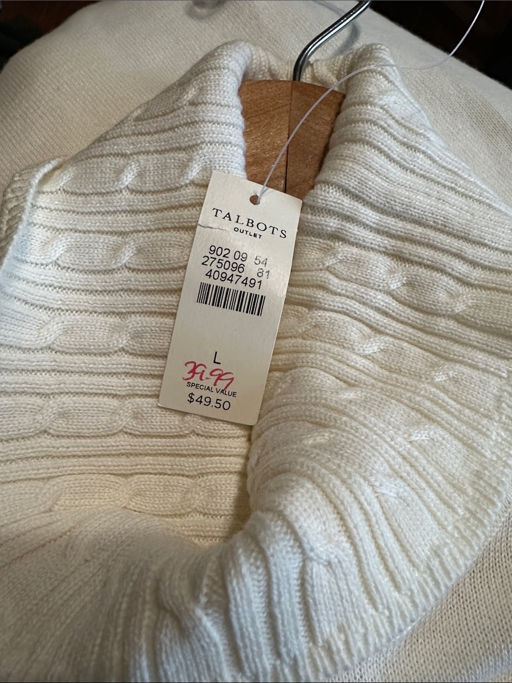 Talbots Creamy White Cotton Cable Knit Turtleneck Sweater Large NWT